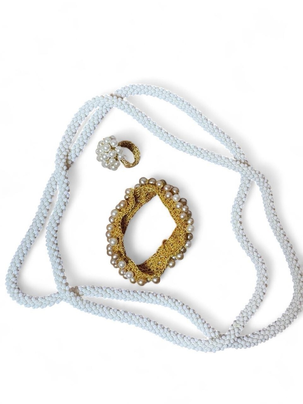 Vintage 70s/80s White Beaded Necklace, Pearl Ring, & Pearl Bracelet